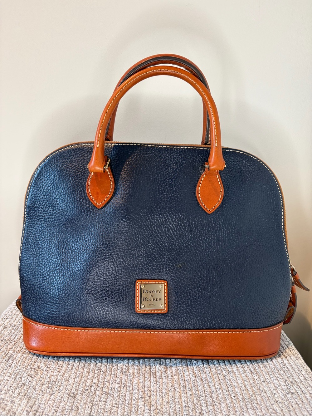 Dooney & Bourke Pebbled Leather Dome Satchel Bag Navy Blue/Brown Trim